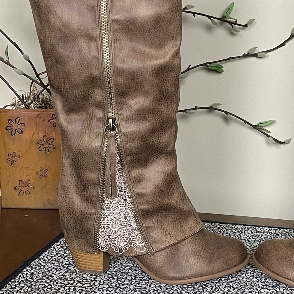 Not Rated Sassy Classy Zipper Lace Inset Distressed Faux Leather Knee-High Boots - Picture 8 of 16